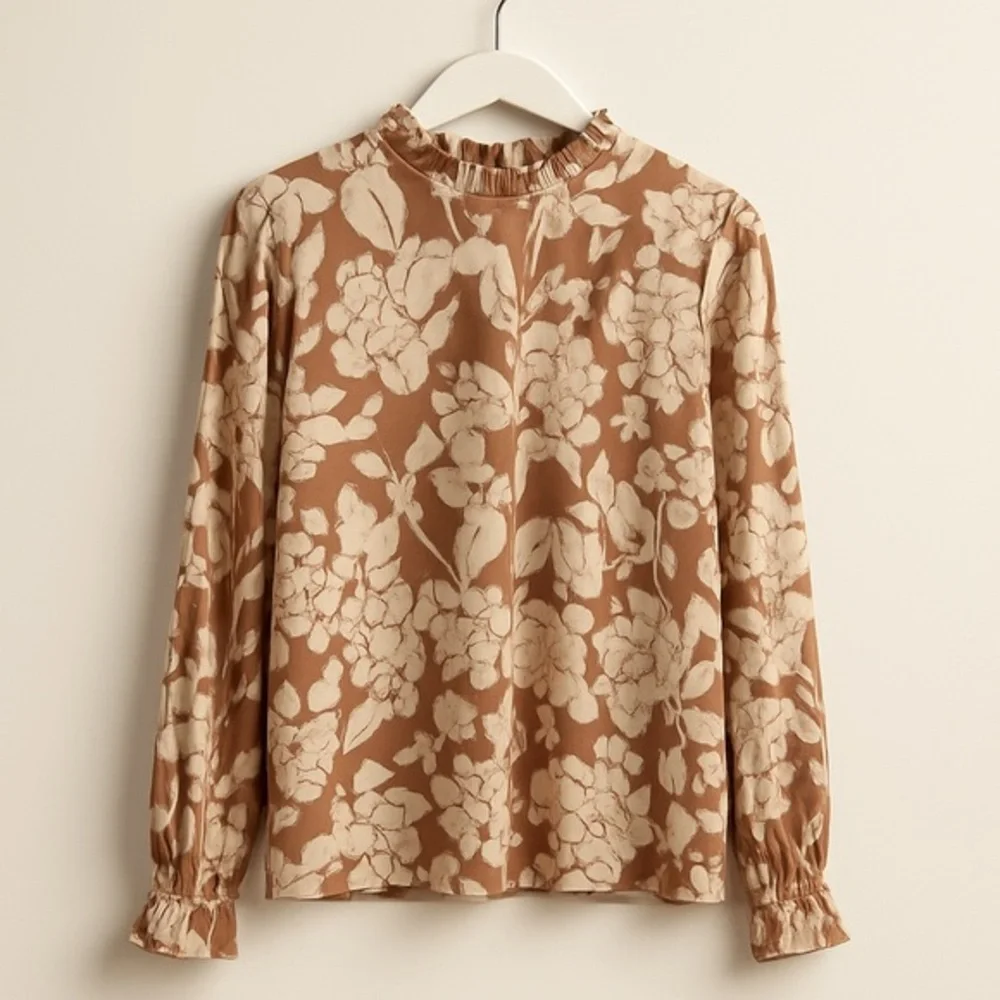 Ruffled Long Sleeve Blouse with Mandarin Collar in Brown and Orange
